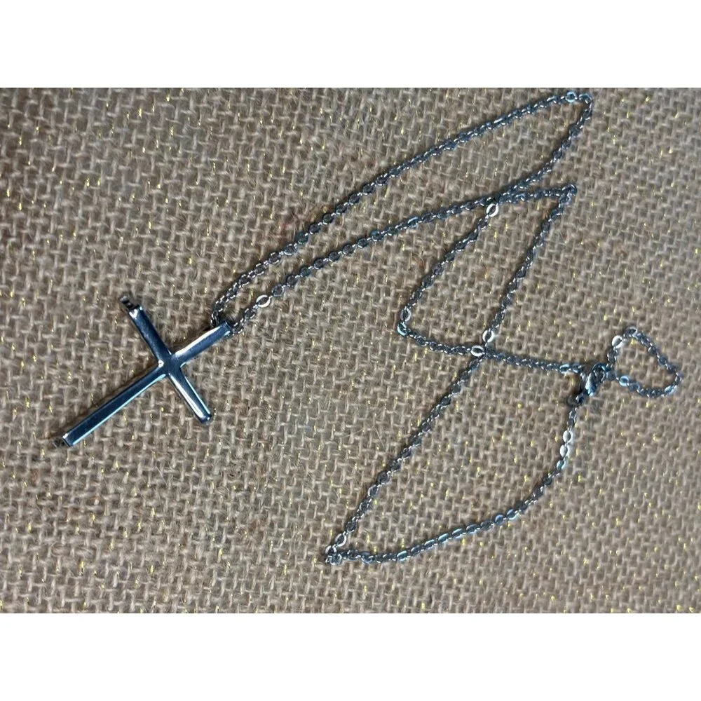 Stamped Chisel Sterling Silver Cross Pendant Necklace - Picture 2 of 12